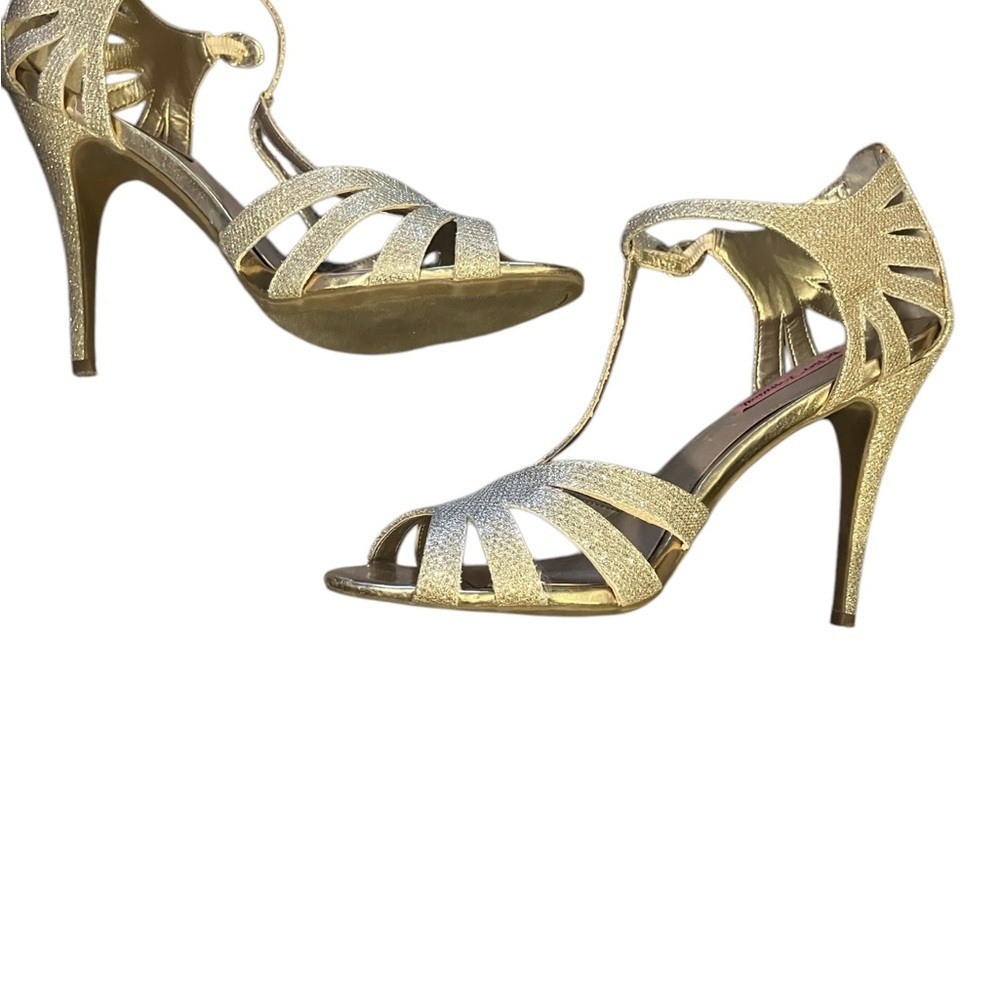 Betsey Johnson Gold Glitter T-Strap Open-Toe Stiletto Heels - Picture 5 of 14